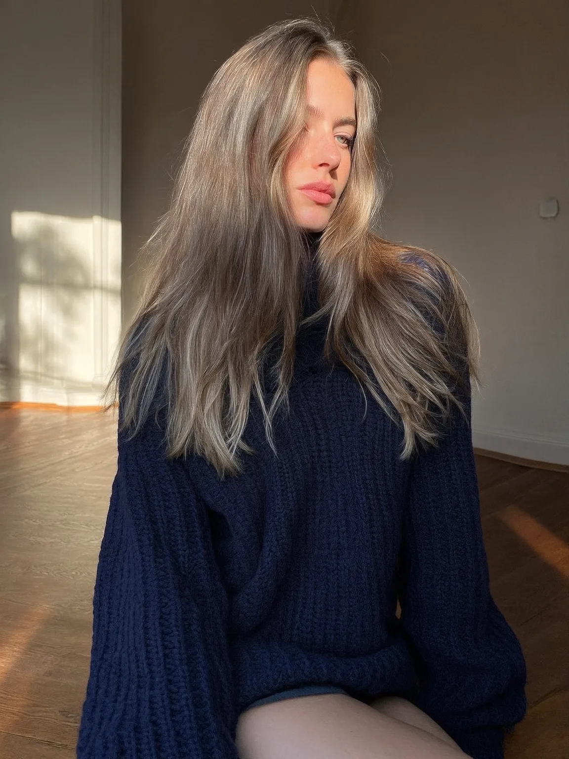 Ashy Brunette Wavy Long Layers with Natural Highlights